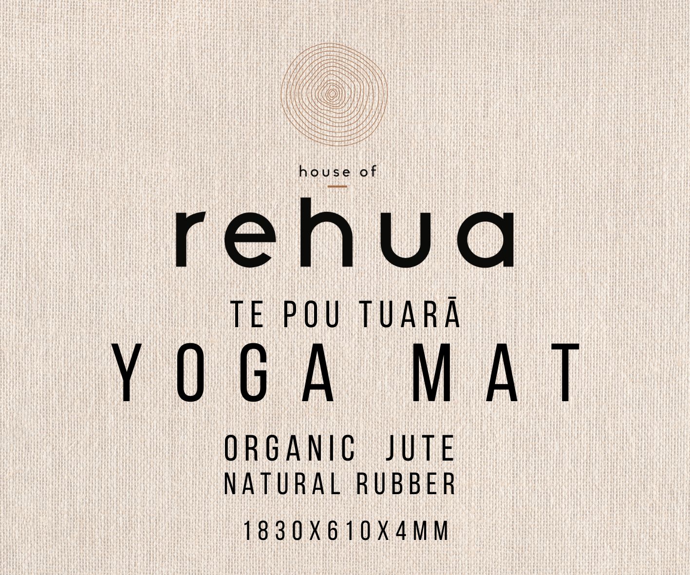 Yoga mat packaging with 'house of rehua' branding on a beige background