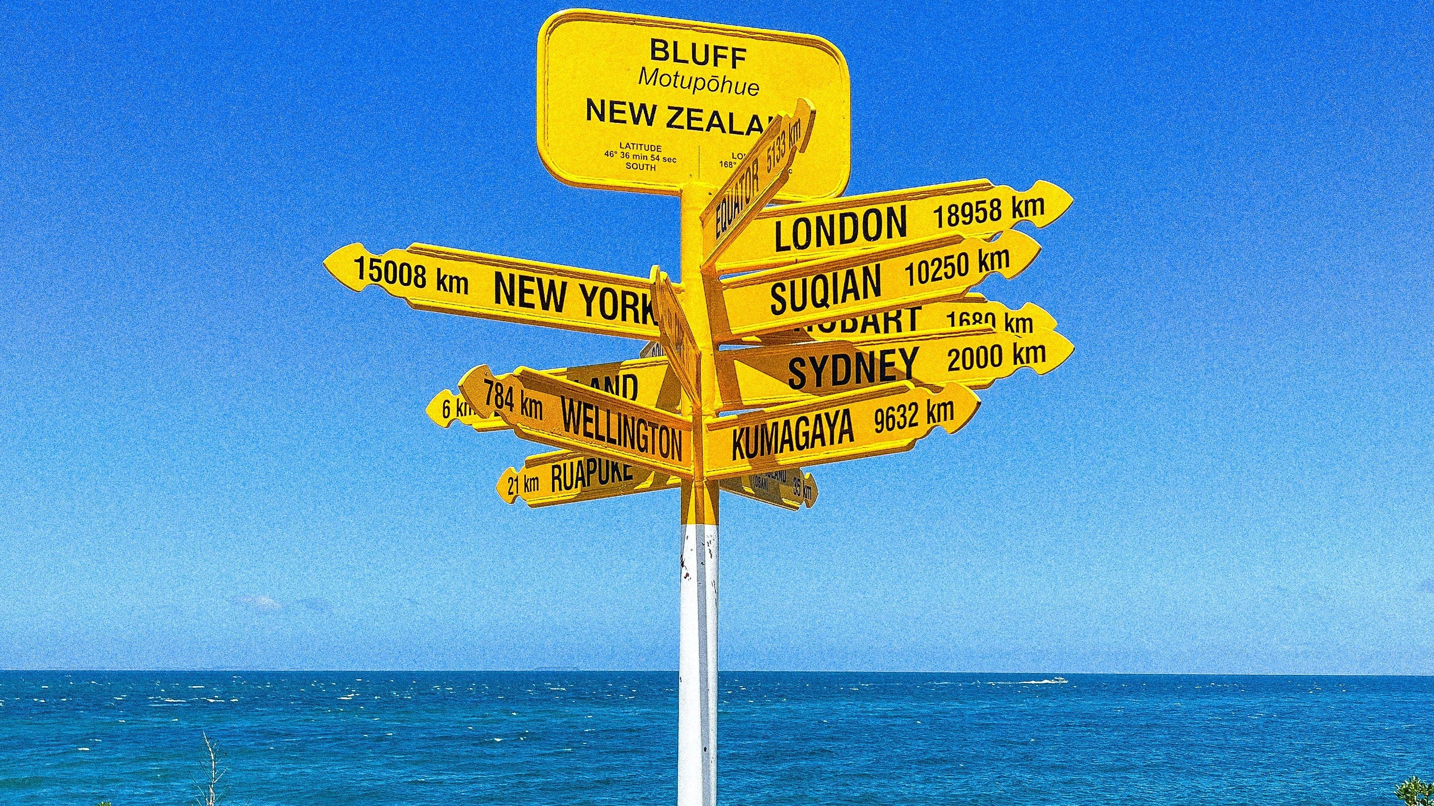 A yellow directional signpost with multiple country and city names pointing in different directions, photographed outdoors on a wooden boardwalk with ocean, blue sky, and greenery in the background.