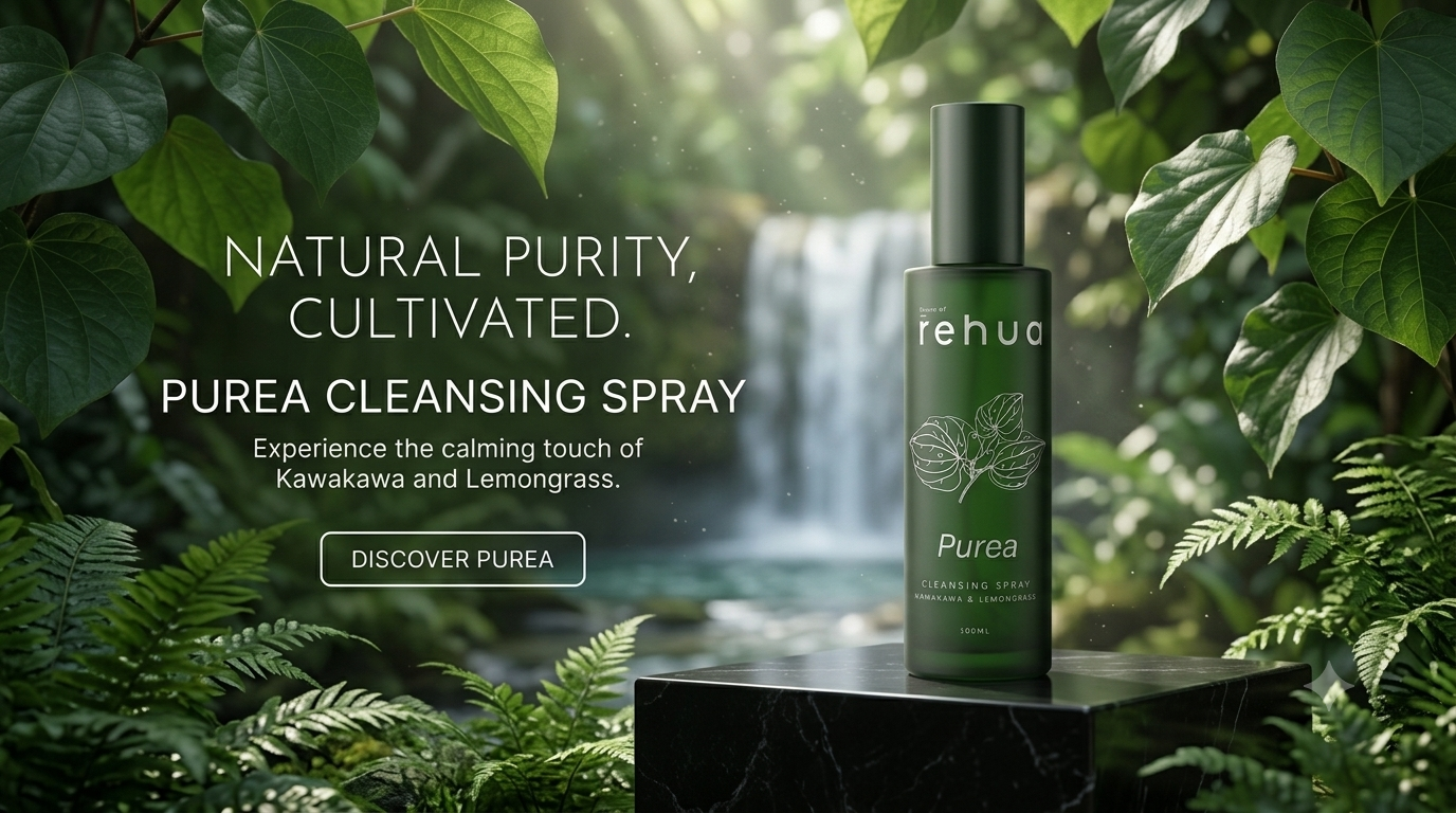 Purea cleansing spray bottle with natural setting and text about natural purity.
