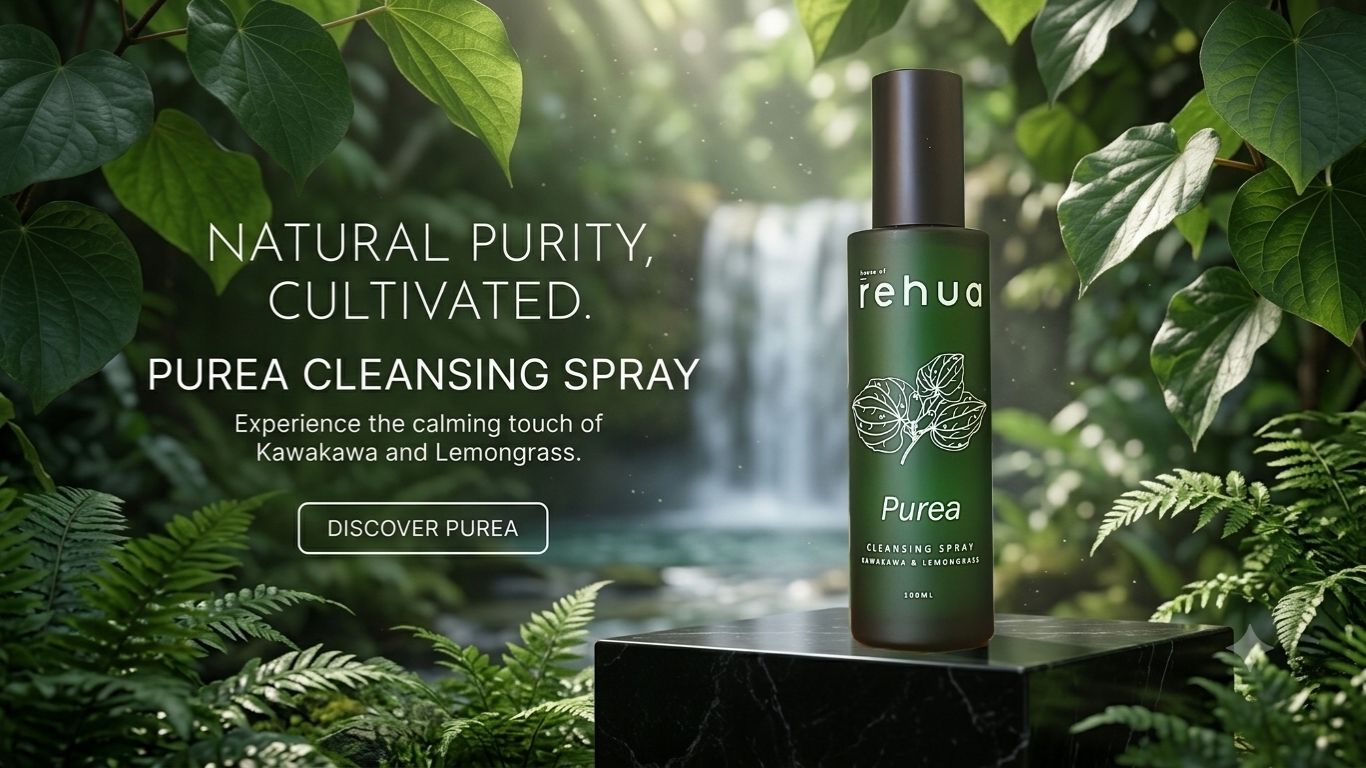 Purea cleansing spray bottle with natural setting and text about product benefits