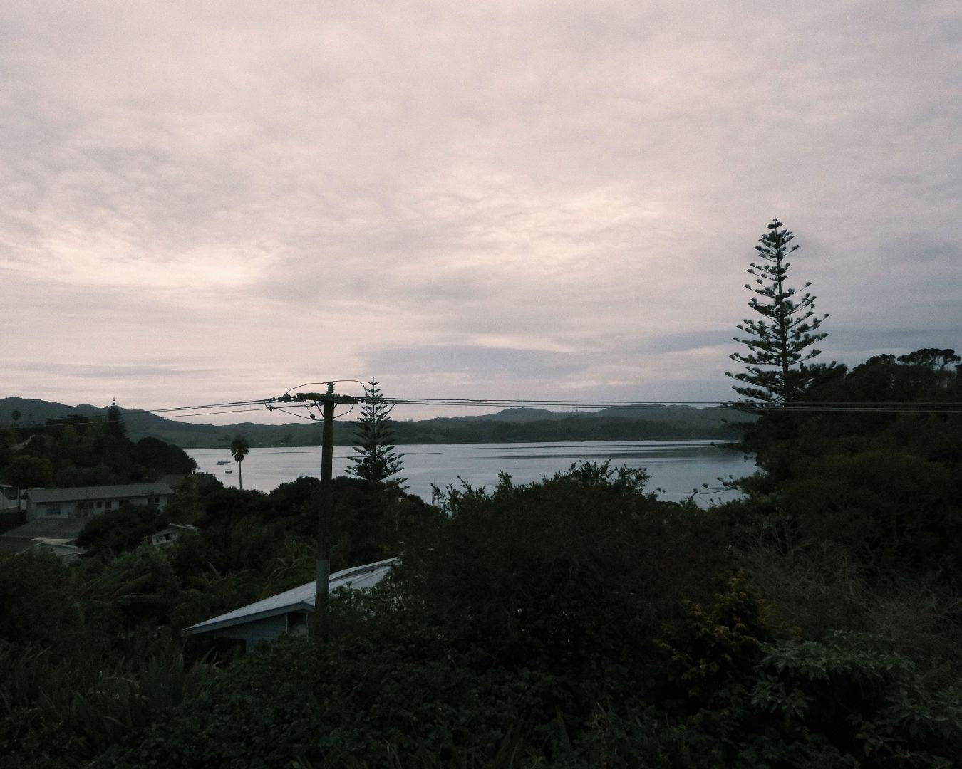 Landscape with a body of water, trees, and a cloudy sky.