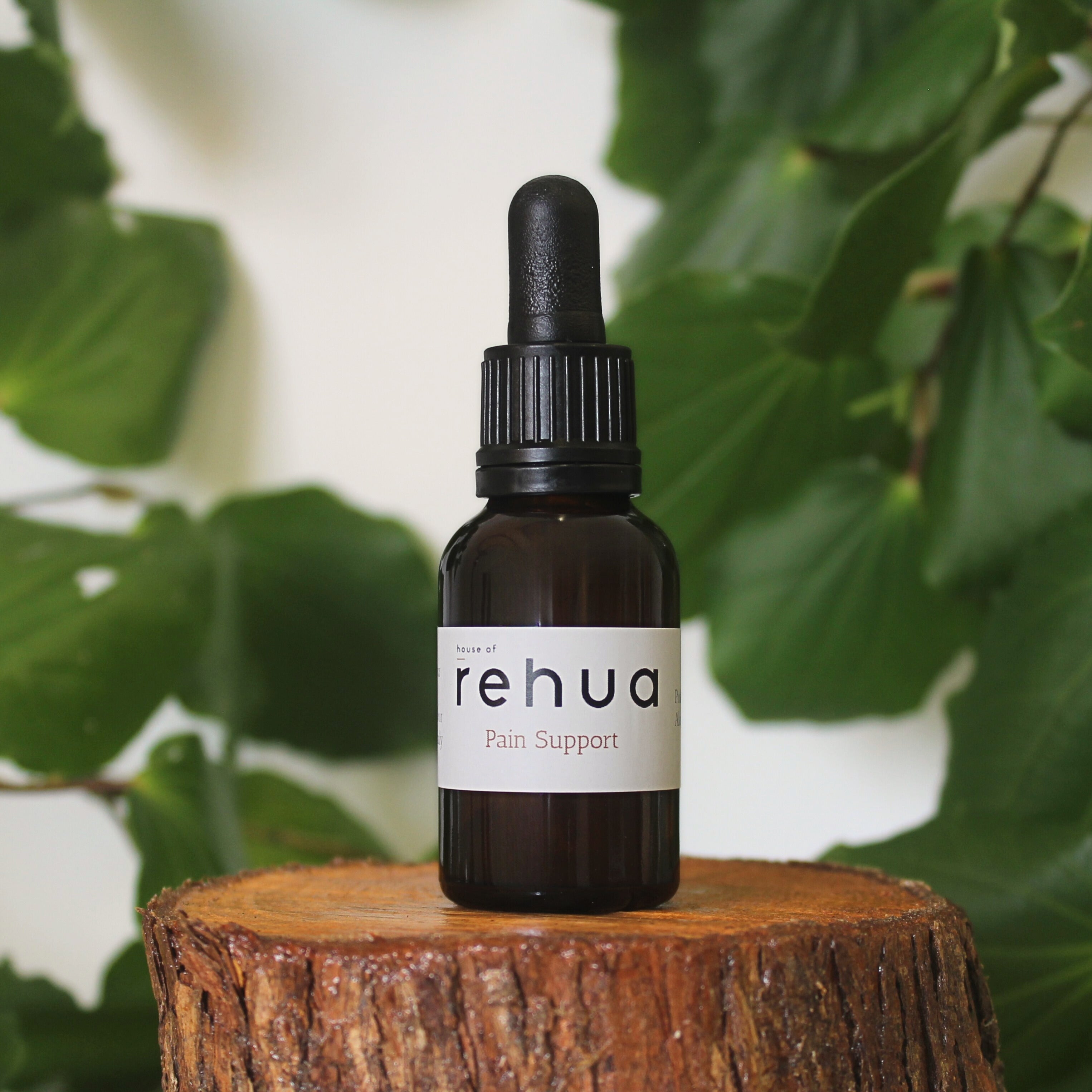 Bottle of House of Rehua Pain Support Tincture on a wooden stump with kawakawa leaves in the background