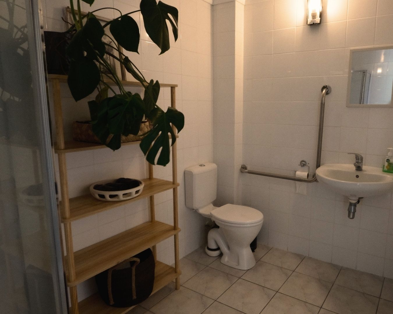 Bathroom with wooden shelf, toilet, sink, and plant