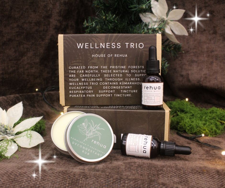 three rehua products with gift box brown background with decorative flowers