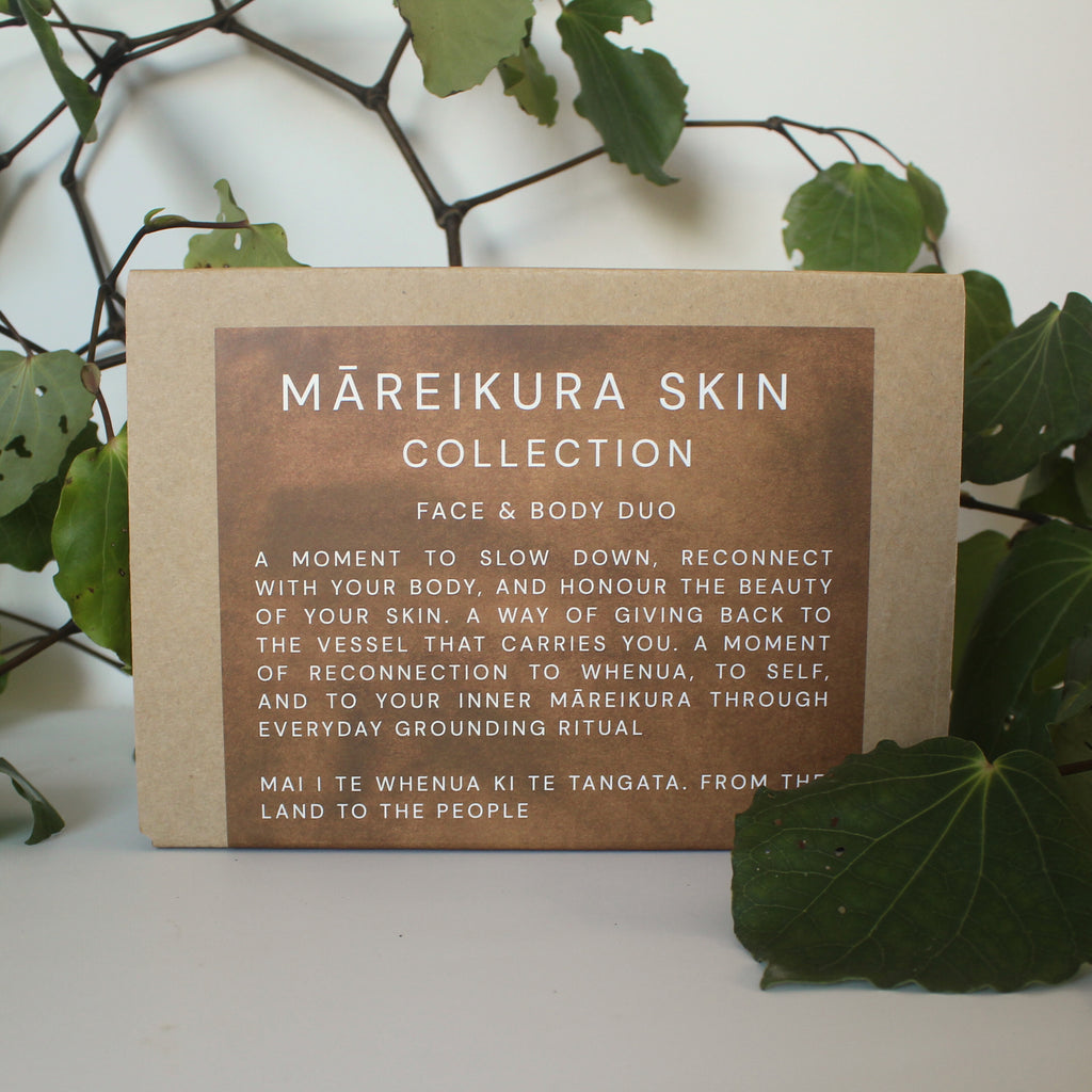Märeikura Skin Collection packaging with text on a white background with green leaves.