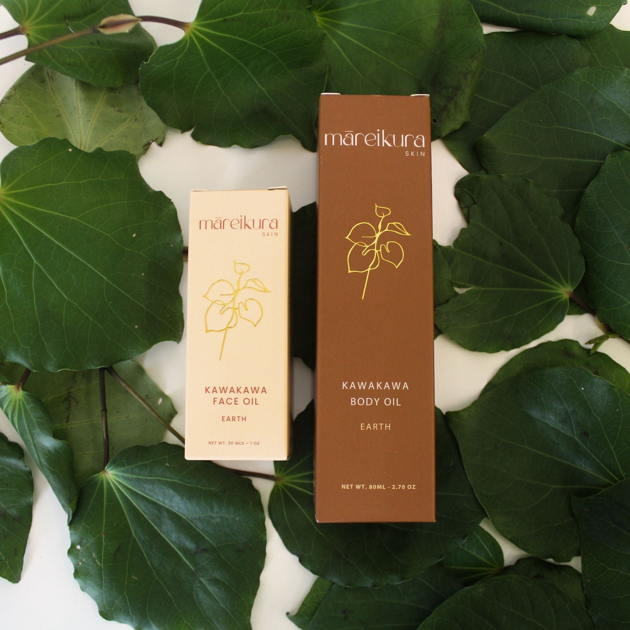 Two skincare product boxes from mareikura on a background of green leaves