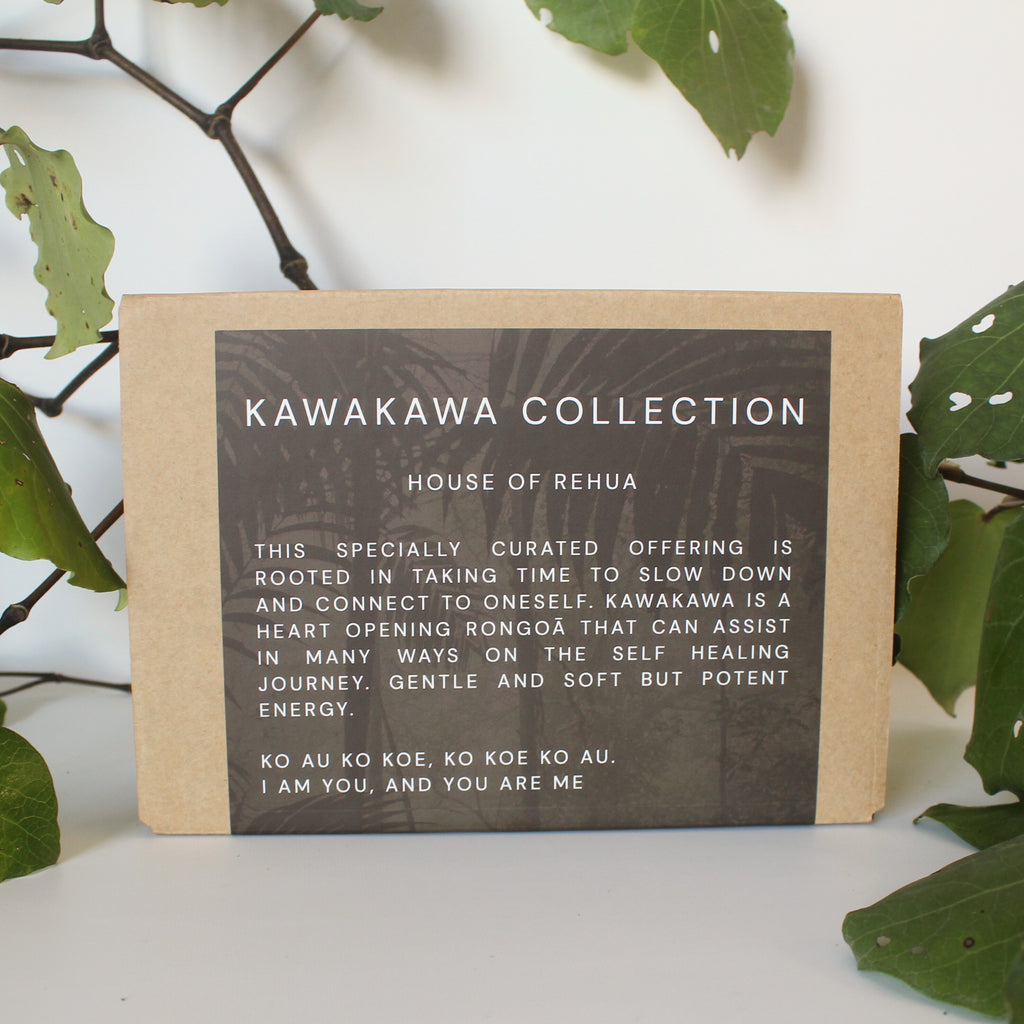 Kawakawa Collection box with text on a white background with green leaves