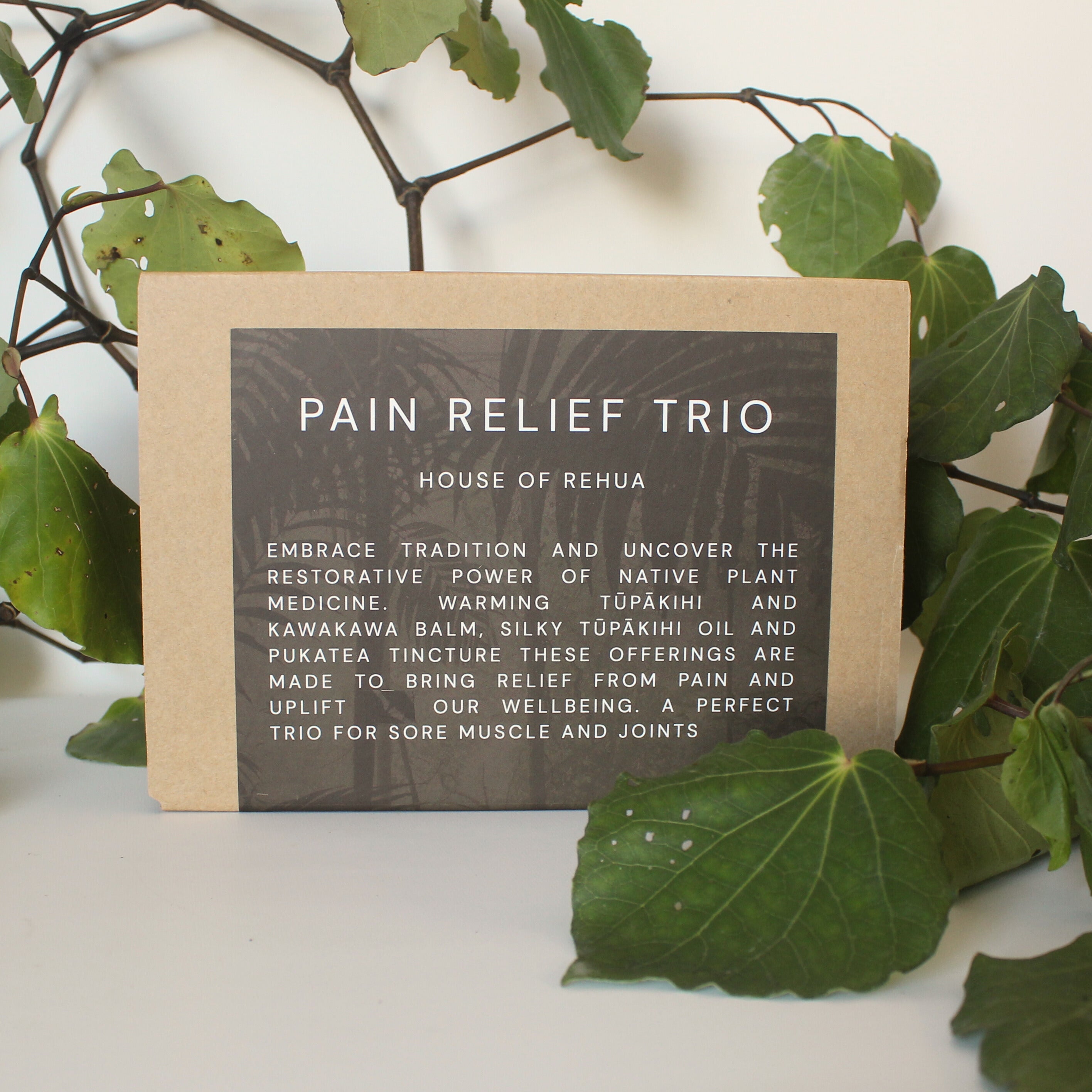 Pain Relief Trio packaging with text on a natural background