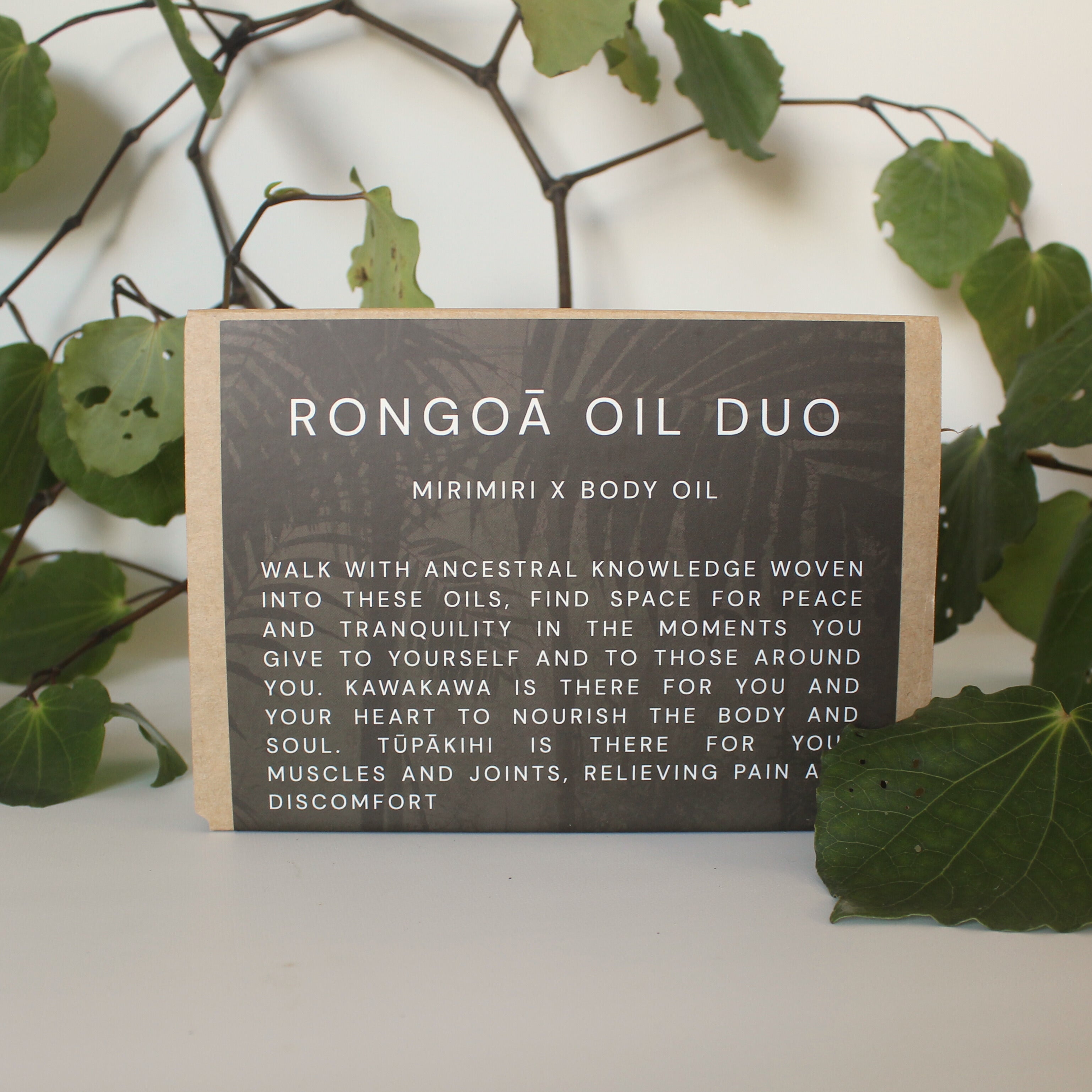 Product packaging for Rongo£ Oil Duo with text and leafy background