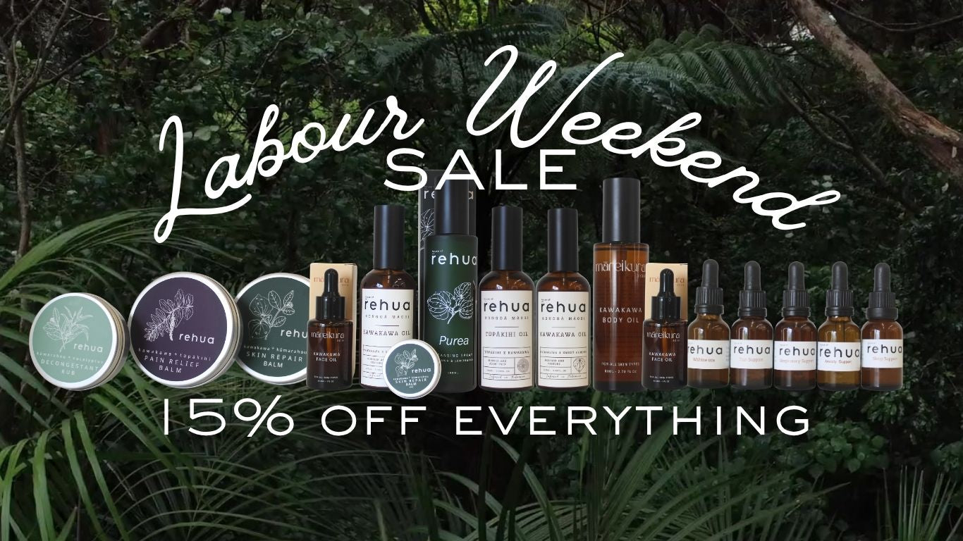 Promotional image for a 'Labour Weekend Sale' with 'rehus' products against a natural background.